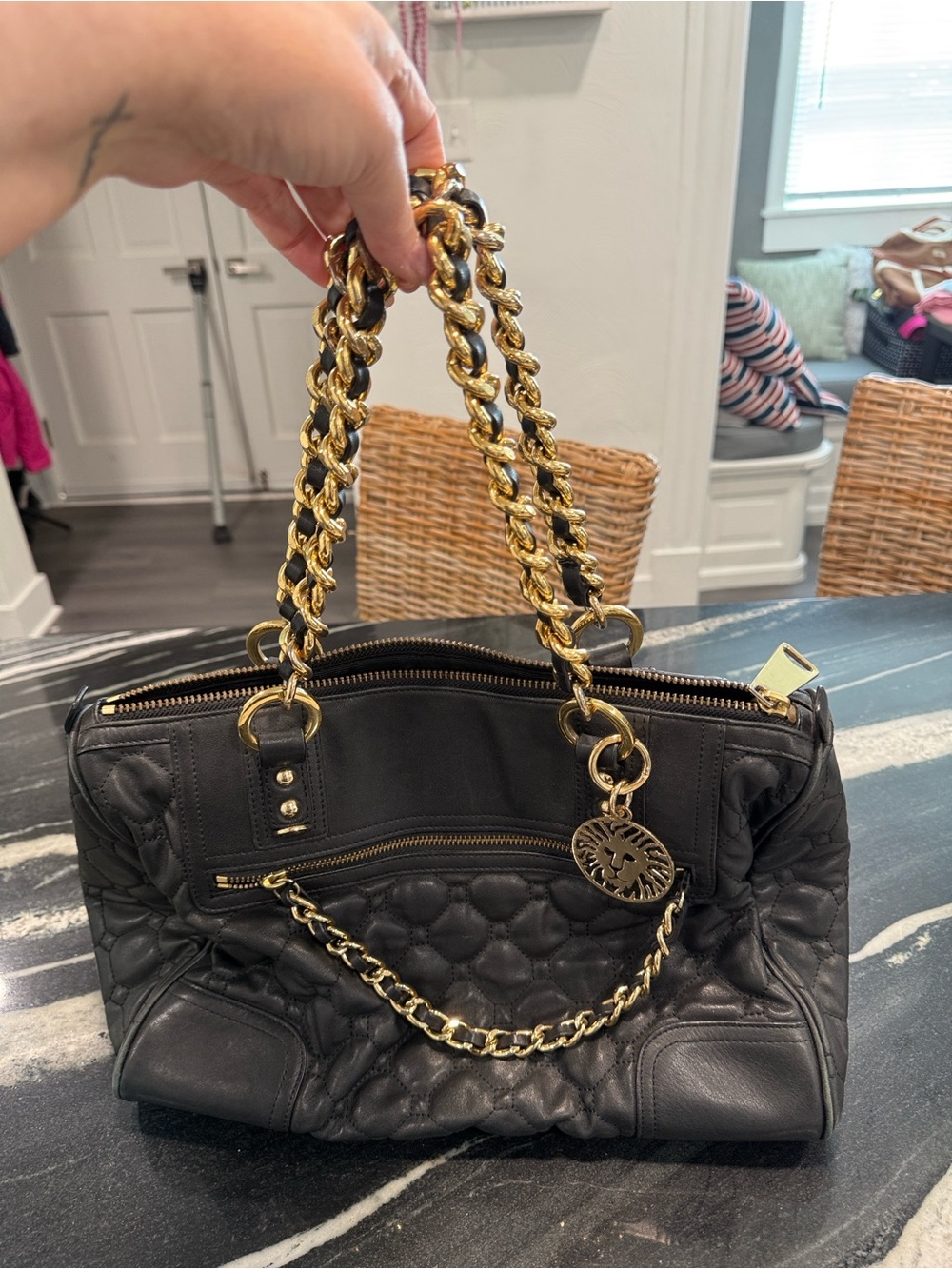 Anne Klein Black Quilted Shoulder Bag with Gold Chain Handles